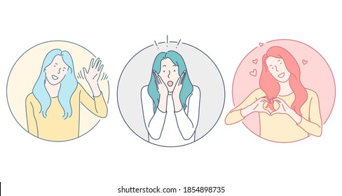 Woman different emotions concept. Young woman cartoon character waving and greeting, feeling surprised and showing heart as symbol of love and smiling. Facial expression, positive emotions 