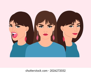 Woman different emotions. Happy scared angry sad stress calm strong cartoon girl avatar, vector female emotion character face set, young adult different facial grimaces portrait image