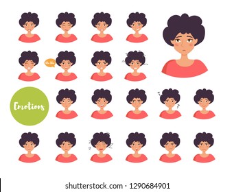 Woman with different emotions. Joy, sadness, anger, talking, funny, fear, smile. Set. Isolated illustration on white background. Vector. Cartoon. Flat. Face expressions