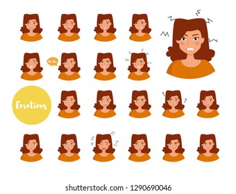 Woman with different emotions. Joy, sadness, anger, talking, funny, fear, smile. Set. Isolated illustration on white background. Vector. Cartoon. Flat. Face expressions
