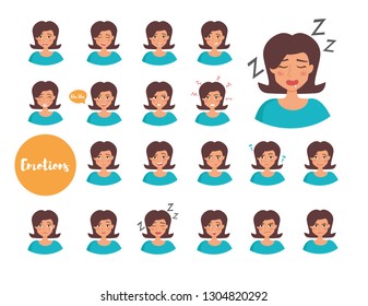 Woman with different emotions. Joy, sadness, anger, talking, funny, fear, smile. Set. Isolated illustration on white background. Vector. Cartoon. Flat. Face expressions