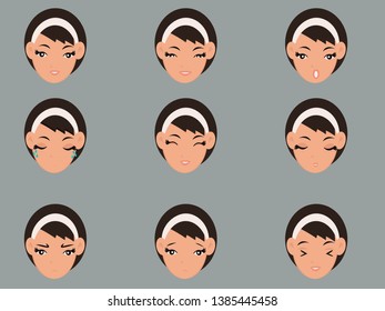 Woman with different emotions. Joy, sadness, anger, talking, funny, fear, smile. Set. Isolated illustration on white background. Vector. Cartoon. Flat. Face expressions