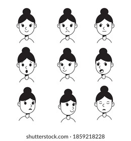 Woman with different emotions. Joy, sadness, anger, talking, funny, fear, smile. Set. Isolated illustration on white background. Vector. Cartoon. Flat. Face expressions