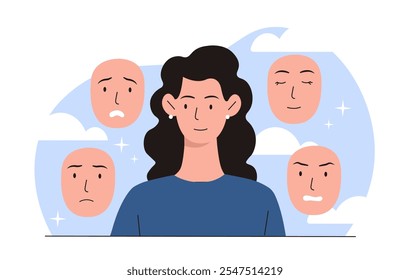 Woman with different emotions. Young girl near various faces with feelings and expressions. Fear, anger, frustration and happiness. Flat vector illustration isolated on white background