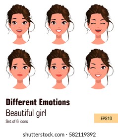 Woman with different face expressions. Young attractive girl with various emotions. Cute businesswoman. Set of six vector illustrations.