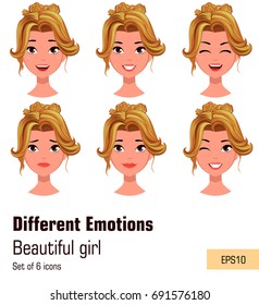 Woman with different face expressions. Young attractive blonde girl with various emotions. Cute business woman. Set of six vector illustrations.