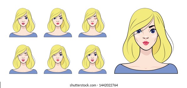 Woman with different facial expressions. Blonde Girl Avatar. Set of woman's emotions.  Vector illustration of cartoon style