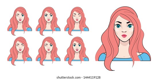 Woman with different facial expressions. Girl with coral hair Avatar. Set of woman's emotions.  Vector illustration of cartoon style