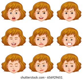 Woman with different facial expressions illustration