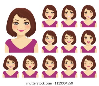 Woman with different facial expressions set isolated