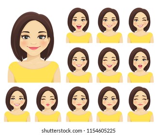 Woman with different facial expressions set isolated