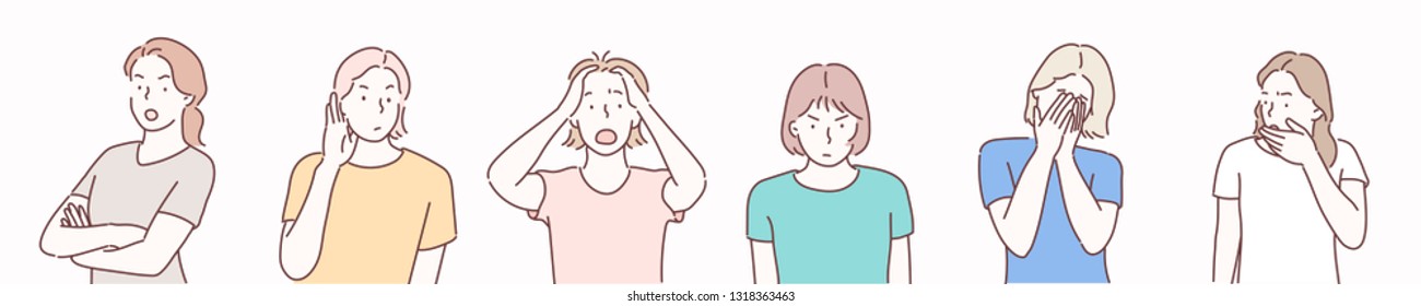 
Woman with different facial expressions set. They are nervous, anxious, and angry. Hand drawn style vector design.