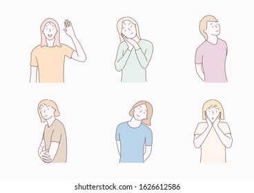 Woman with different facial expressions set isolated on white background.vector illustration.