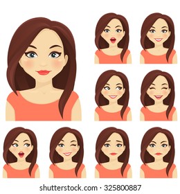 Woman with different facial expressions set