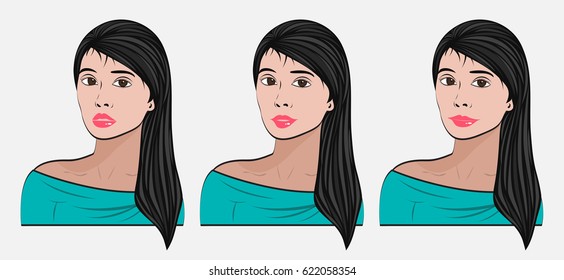 Woman with different facial expressions set, Women hair style, vector illustration, Barber, salon, cosmetics, spa, beauty, lipstick, products, makeup model