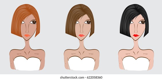 Woman with different facial expressions set, Women hair style, vector illustration, Barber, salon, cosmetics, spa, beauty, lipstick, products, makeup model