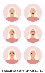 Woman with different facial expressions. Young blond girl is confusing, crying, smiling, scared, angry and laughing. Vector illustration