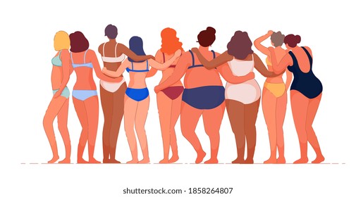 Woman with different figure, skin color posing in underwear. Curvy and skinny kind of female accept love your body, girl power and strength concept vector illustration isolated on white background