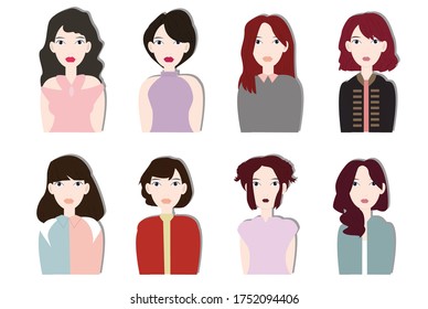 Woman with different hair style concept on transparency background. Creative idea design. Flat vector illustration for template, brochure or presentation.