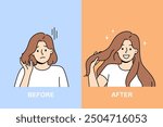 Woman with different hairstyle before and after using shampoo to get silky hair. Girl changed hairstyle through hairdresser from beauty salon to change image and improve appearance