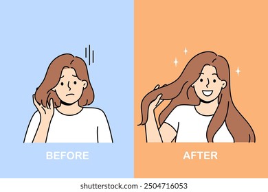 Woman with different hairstyle before and after using shampoo to get silky hair. Girl changed hairstyle through hairdresser from beauty salon to change image and improve appearance