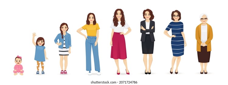 Woman of different life stages cartoon characters. Baby, child, teenager, adult, mature and old persons vector illustration isolated