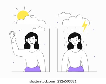 Woman with different moods line concept. Young girl under cloud with rain and sun. Optimism and pessimism. Happiness and sadness. Feelings and emotions. Linear flat vector illustration