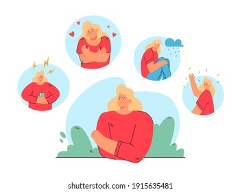 Woman in different moods and states vector illustration. Person suffering from distracted behavior, mood changes, feeling angry, sad or happy. For mental disorder, stress, bipolar disease concept