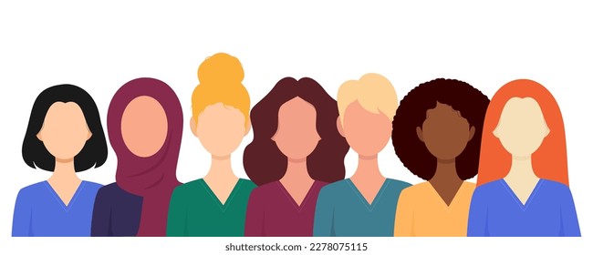 Woman of different nationalities and races. National friendship. Vector illustration in a flat style. Isolated on a white background.