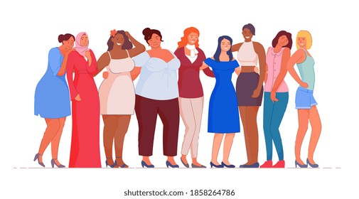 Woman of different nationality and culture standing together. Female friendship, feminist union, sisterhood or social diversity, ethnicity equality, feminine empowerment movement vector illustration