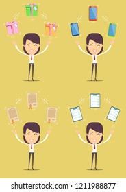 Woman with different objects. Vector illustration flat design. Isolated on background.