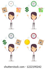 woman with different objects. Vector illustration flat design. Isolated on background. Organization of process.