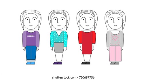 Woman in different outfits. Wearing for a work, date, sleeping. Female cartoon character. Vector illustration. Geometric style.