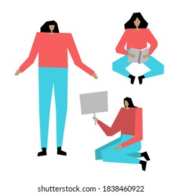 Woman in different poses vector illustration. Ideal for animation. Flat hand drawn girl.