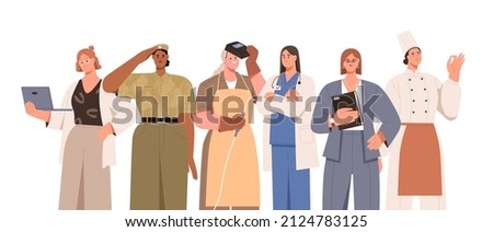 Woman of different professions, jobs. Diverse female workers, group portrait. Women occupations, works. Business person, soldier, doctor, welder. Flat vector illustration isolated on white background