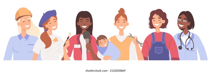 Mujer de diferentes profesiones. Mecánico, reportero, niñera, doctor, ingeniero y artista. Retrato de un grupo de trabajadoras. Mujeres diversas aisladas con antecedentes blancos.