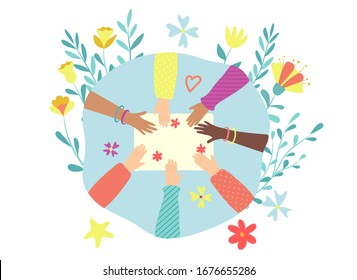 Woman different race hand, text place, isolated on white, drawing vector illustration. Female hand carry tablet, flower around tile, nameplate, design for web banner, palm hold flower gift card.