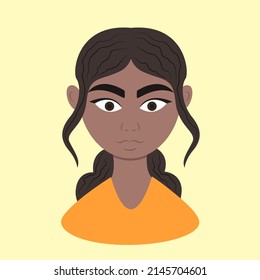 Woman different race portrait cartoon. Beautiful African girl with dark hair on yellow background. Ethnic diversity and tolerance. Vector illustration in flat cartoon style.