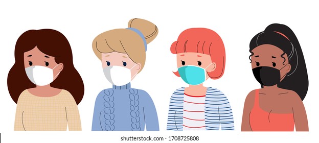 Woman of different races  avatar using face mask to avoid corona virus. Flat style design vector isolated on white background