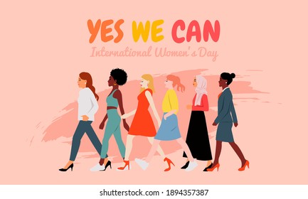 Woman of different races walk together concept. Feminism movement.  International women's day banner card. Flat vector design.