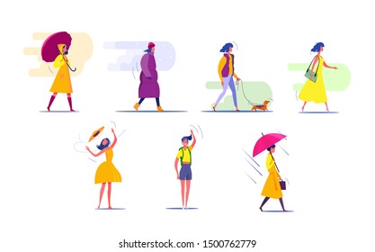 Woman in different seasons set. Woman walking, standing, wearing different clothes. People concept. Vector illustration for topics like activity, leisure, actions