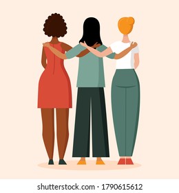 A woman with a different skin color stands with her back. The concept of anti racism, the unity of different races, a friendly hug. African, Asian and European races. Flat vector illustration isolated