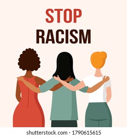 A woman with a different skin color stands with her back. The concept of anti racism, the unity of different races, a friendly hug. African, Asian and European races. Flat vector illustration isolated