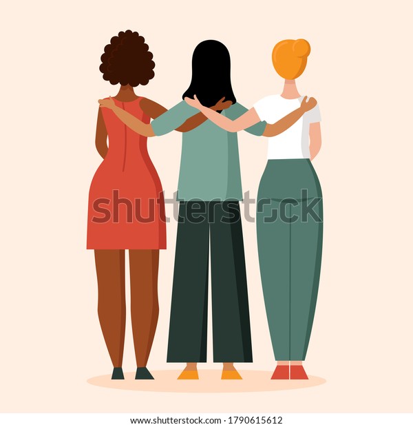 肌の色が違う女性が背中に立つ 反人種差別のコンセプト 異なる人種の結束 友好的なハグ アフリカ系 アジア系 ヨーロッパ系 平らなベクターイラスト のベクター画像素材 ロイヤリティフリー