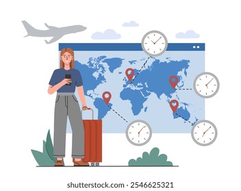 Woman with different time zones. Young girl with suitcase near huge map with GPS marks. Various locations at world map. Worldwide time. Flat vector illustration isolated on white background