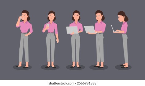 A woman different views with a laptop and mobile using. Vector illustration