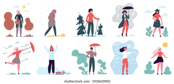 Woman in different weather. Girl walking in cloudy, windy, rainy and cold weather vector illustration set. Season and weather female activities. Character with umbrella, sleigh and ski