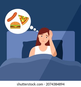 Woman Difficult To Sleep And Feel Hungry At Night Time In Flat Design. Bedtime Insomnia Concept Vector Illustration.