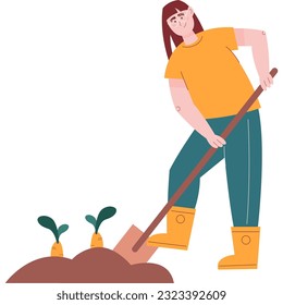 Woman digging carrot in ground vector icon