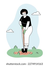 Woman digging up ground with shovel. Spring gardening concept. Linear vector illustration.